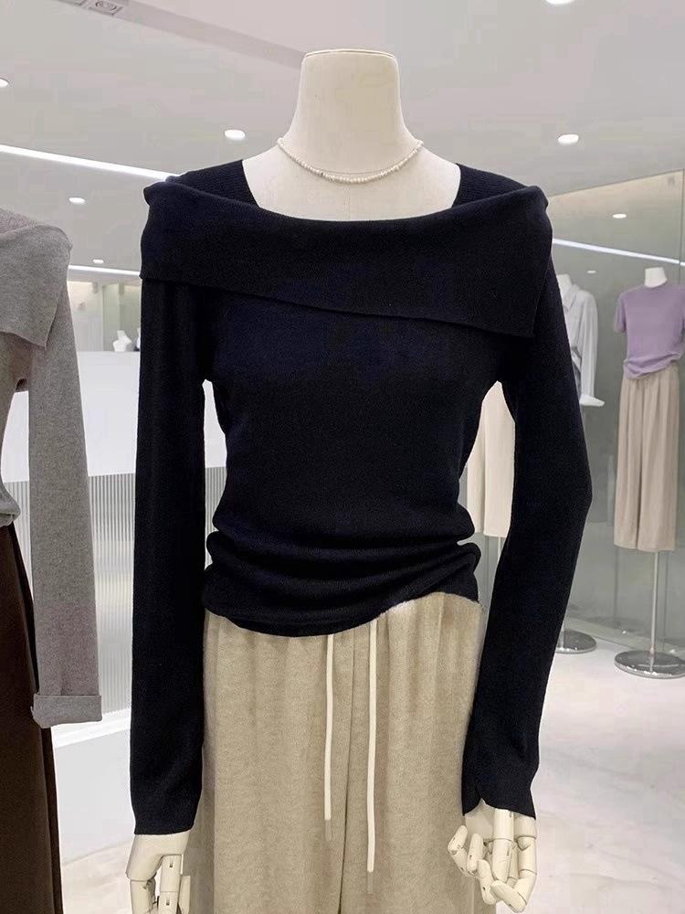 

Необычный топ с воротником на одно плечо, женский весенний мягкий восковой вязаный свитер, темпераментная приталенная базовая рубашка L чёрный
