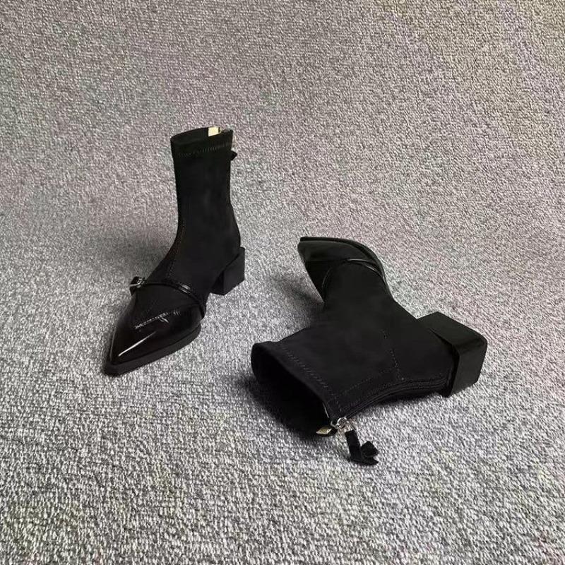 2025 New Patchwork Boots Autumn Women's Versatile Fashion Pointed Toe Thick Heel Niche Design Zipper Short Boots 35--40 Size