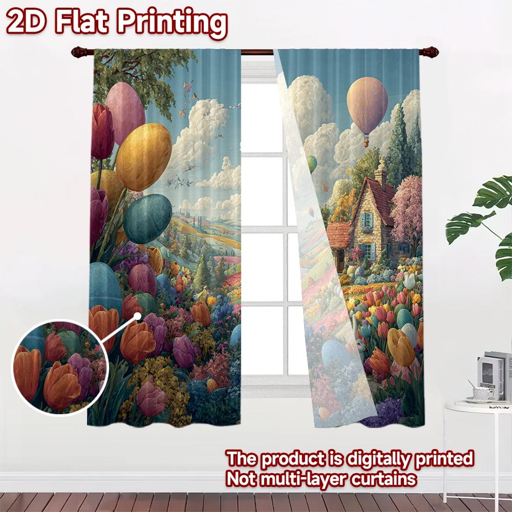 2D Flat Printing  2pcs Easter Garden with Bunny Light Filtering Popular Curtains Yarn Curtains Decorations Perfect for Study