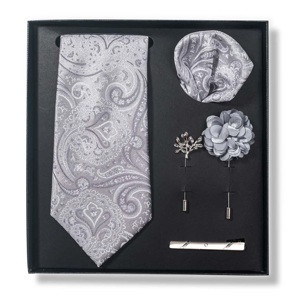 Paisley-Blumen-Krawatten-Geschenkset: Enthält Krawatte, Einstecktuch, Manschettenknöpfe, Ansteckblume und Krawattennadel in einer sechsteiligen Schachtel