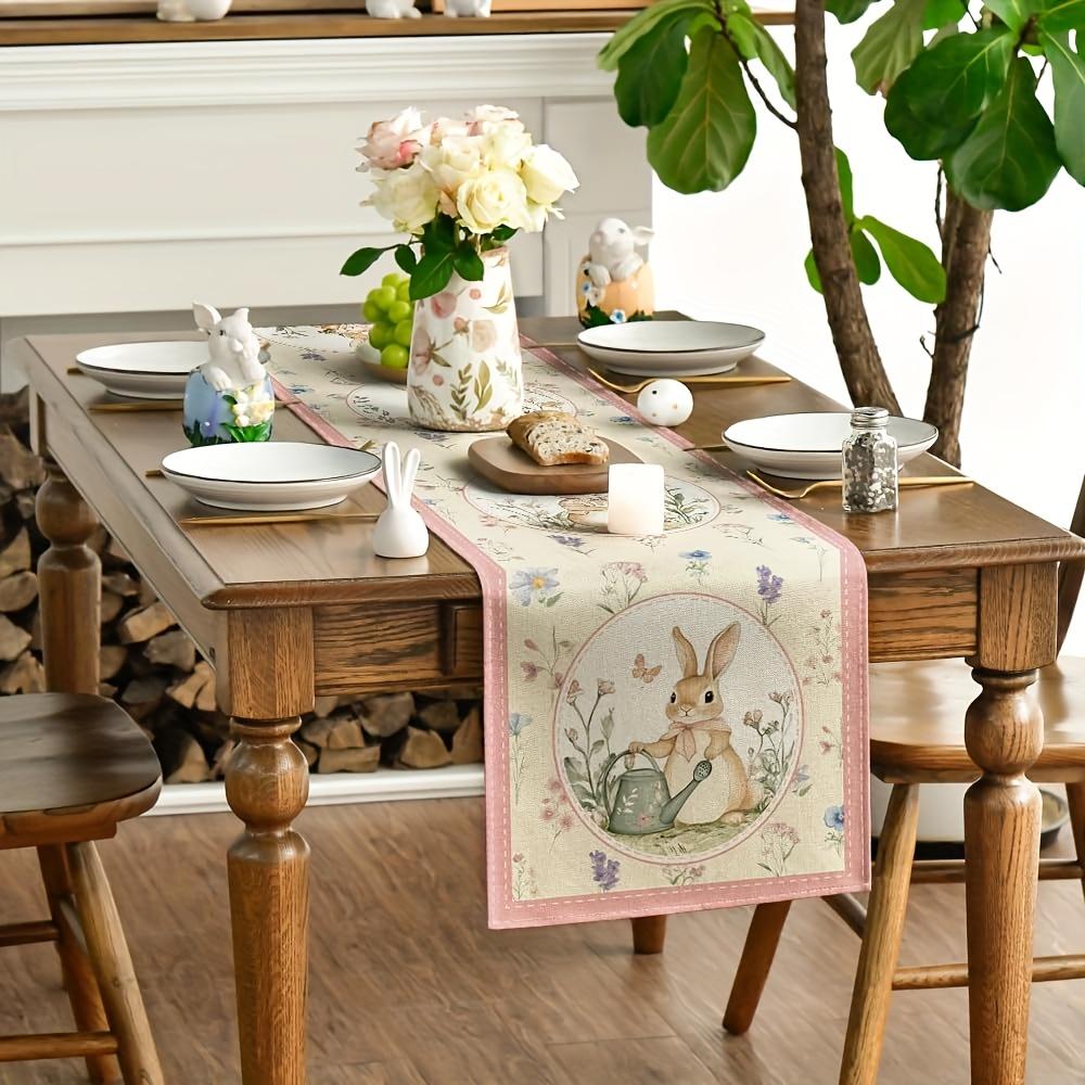 Easter Bunny Flowers Linen Table Runner Party Decor Farmhouse Retro Spring Pink Floral Dining Table Runners Easter Decorations