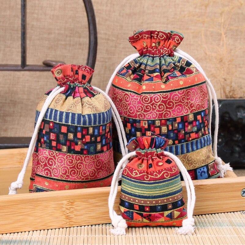 11pcs Ethnic Style Jewelry Bags Drawstring Pouch Candy Snack Gift Bag Retro Bracelet Jewelry Packaging Storage Bags