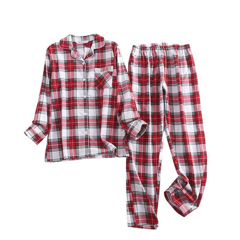 Women Plaid Casual Pajama Set Button Shirt Top and Pants