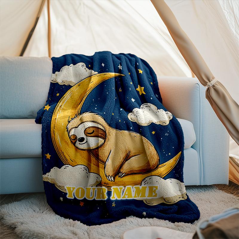 1PC Custom Name Sloth Dreams Moon outdooor Flannel blankets Patterns Throw Blanket All-Season Soft Gift for Couch, Bed, Camping gifts
