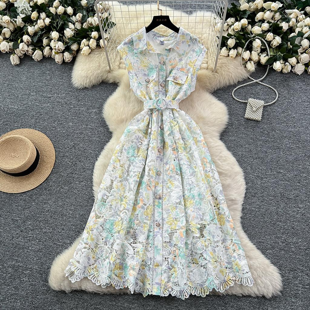 Elegant Lace Printing Formal Dresses Women Lapel Single-breasted Hollow Out Belt Slim Temperament Summer Dress