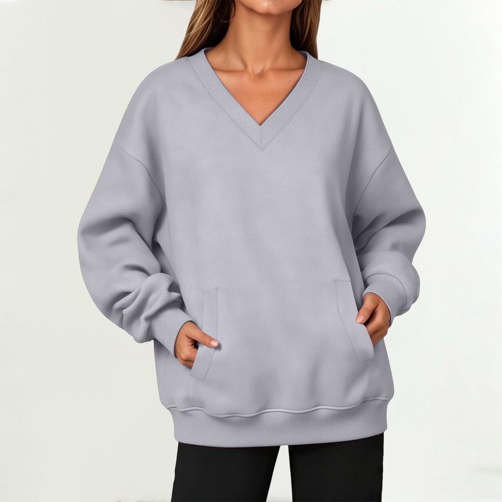 Damen V-Ausschnitt Langarm Pullover Sweatshirt mit Tasche für Herbst und Winter