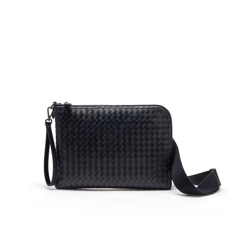 Mens Genuine Leather Woven Handheld Crossbody Bag Daily Commute Black Gray Navy Coffee Beige