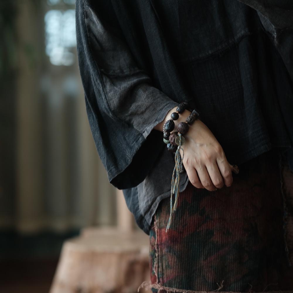 Retro Black Patchwork Linen Shirt with Frayed Edges and Frog Buttons