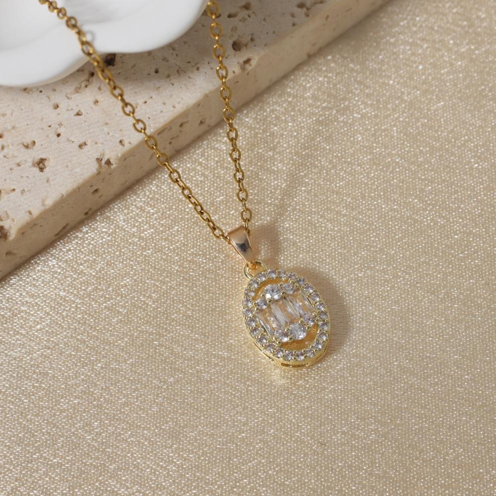 Elegant Oval Zirconia Drop Necklace, Golden Vintage Statement Jewelry