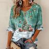 Women's Fashion Crew Neck Tie Christmas Print Ruffle 3/4 Sleeve Top