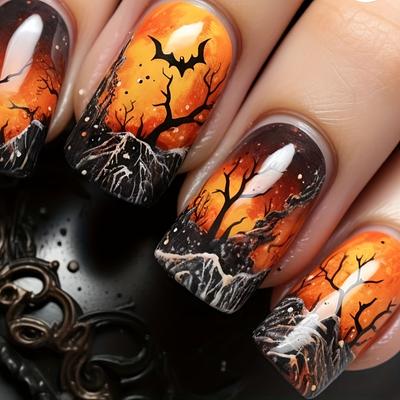 24-teiliges Halloween-Set zum Aufkleben von Nägeln – glänzend, mittelgroß, quadratisch, gemischte Farben mit Flammendesigns für festliche Maniküre