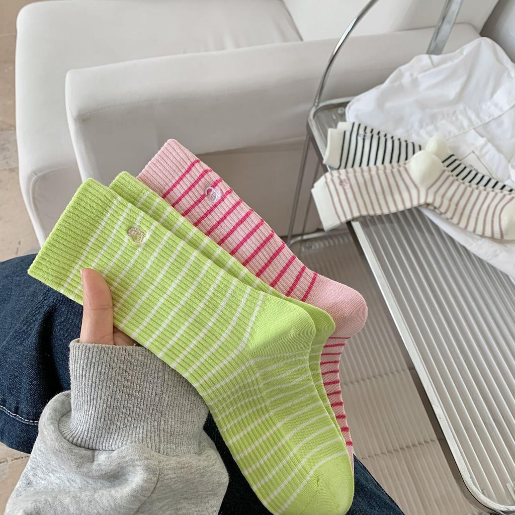 Double Needle Striped Socks Embroidery A Letter Women'S Socks Mid-Tube Socks Trendy Black And White Fashion Stockings Pile Socks Xiaohongshu