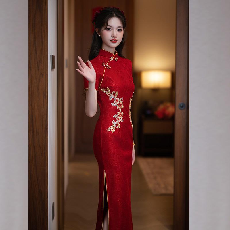 Embroidery Red National Style New Chinese Style Long Improved Cheongsam Women's Premium Bridal Toast Engagement Door Dress