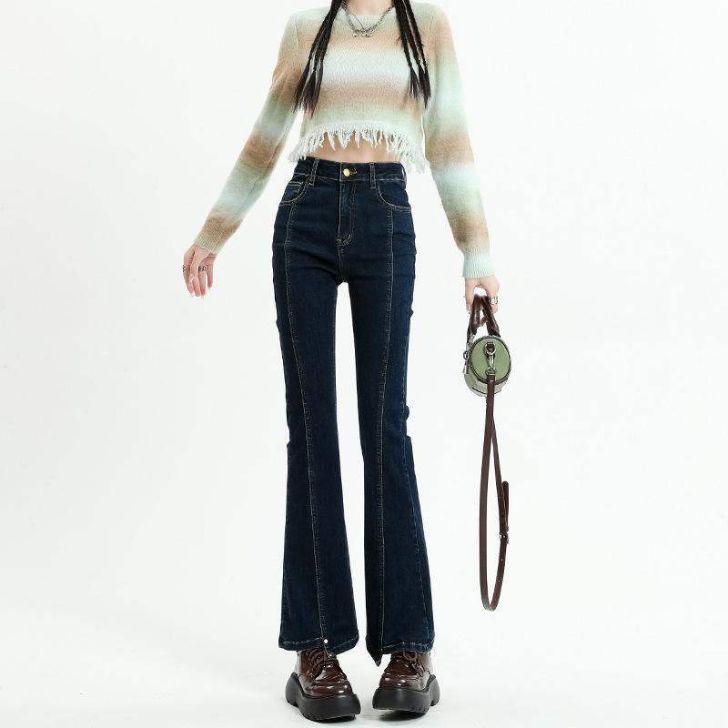 High waist slightly pulled jeans women's spring and autumn new thin design irregular horseshoe horn pants