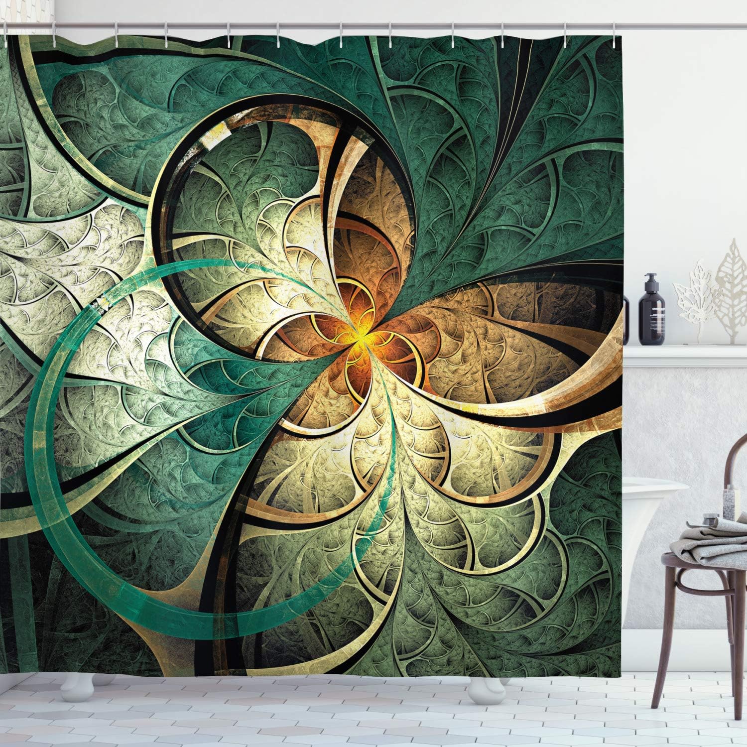 

Golden Green Fractal Shower Curtain Mandala Style Spiral Art Geometric Pattern Waterproof Bath Linen Contemporary Home Decor W60H190(CM)-1 Pcs
