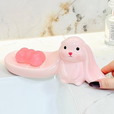 Cute Rabbit Soap Dish Pink Soap Box Long Eared Rabbit Soap Holder Ceramic Soap Container Bathroom Decor Organizer Countertop