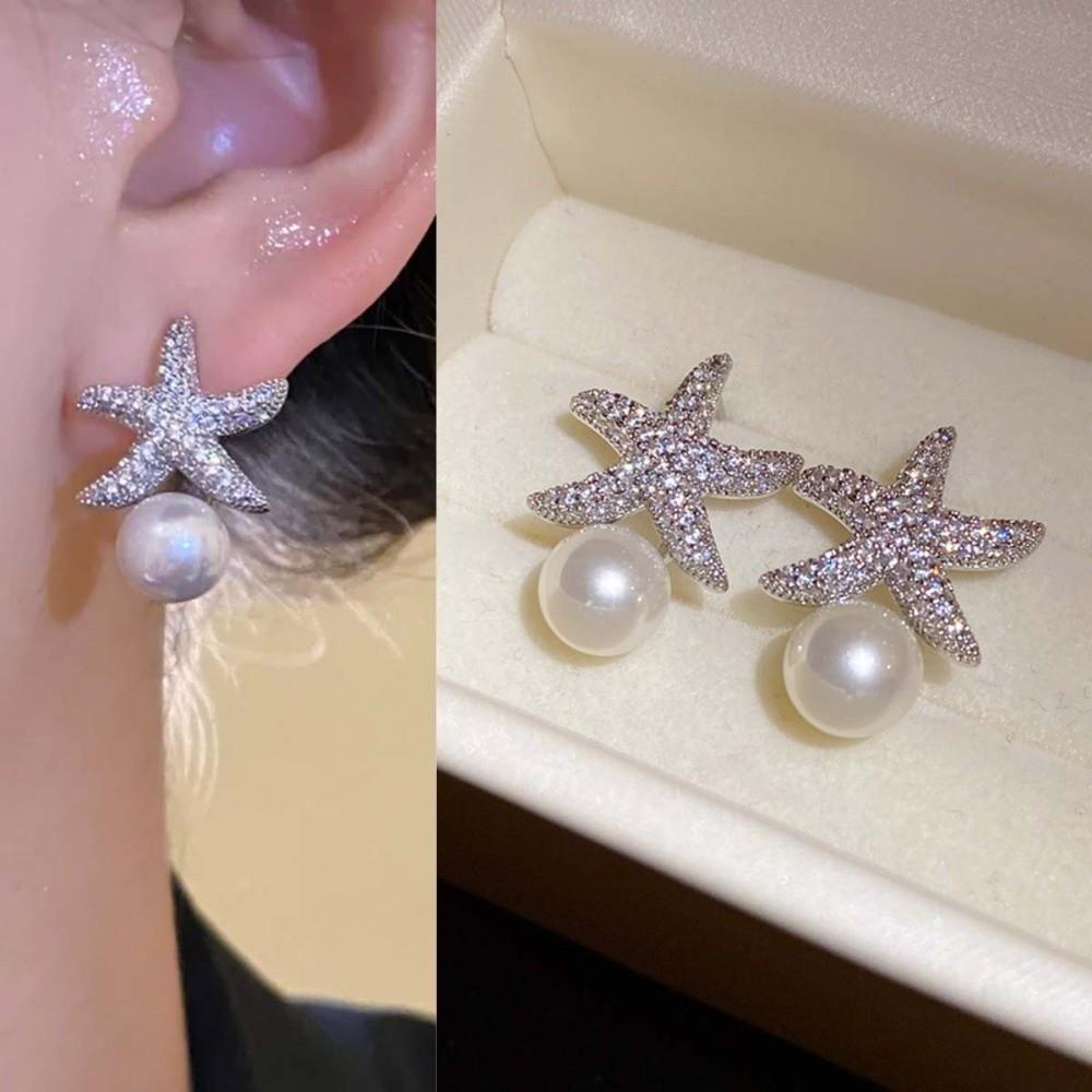 Crystal Starfish Pearl Stud Earrings Ocean Style Starfish Starfish Ear Studs  Women