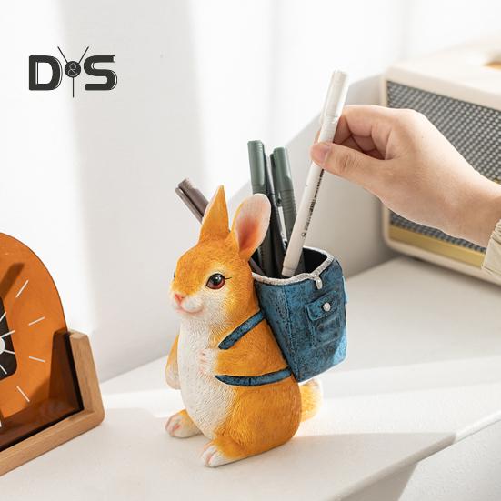 Rabbit Pen Holder Resin Bunny Figurine with Open Backpack Pencil Holder Decorative Rabbit Desk Organizer for Pens Pencils Makeup Brushes