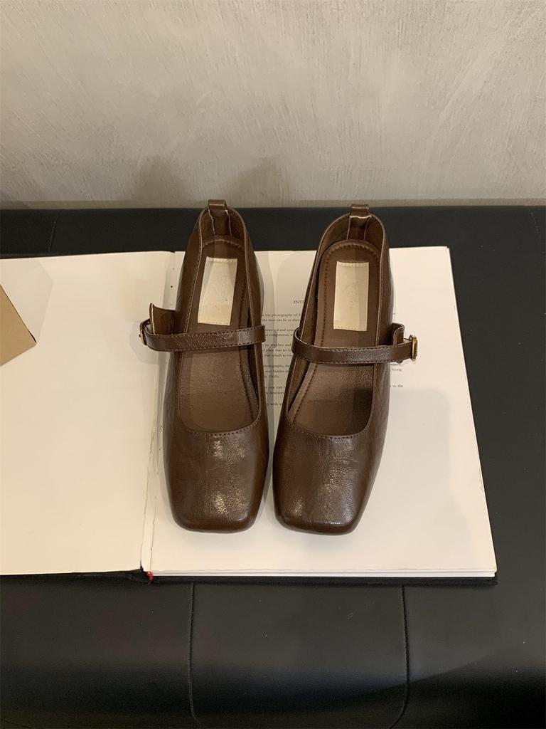 French retro square head light mouth single shoes women's middle heel spring and autumn evening temperament fairy thick heel Mary Jane small