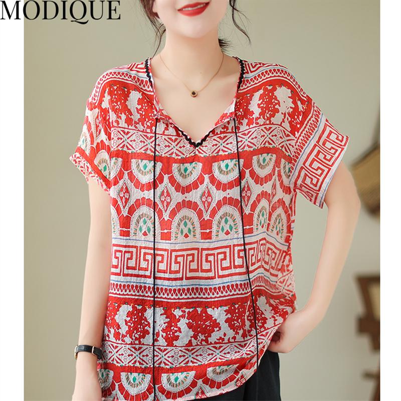 MODIQUE Women Short Sleeve T-shirt Summer Plus Size Loose Casual Elegant Cotton Linen Print Blouse Shirts Lady Basics V-Neck