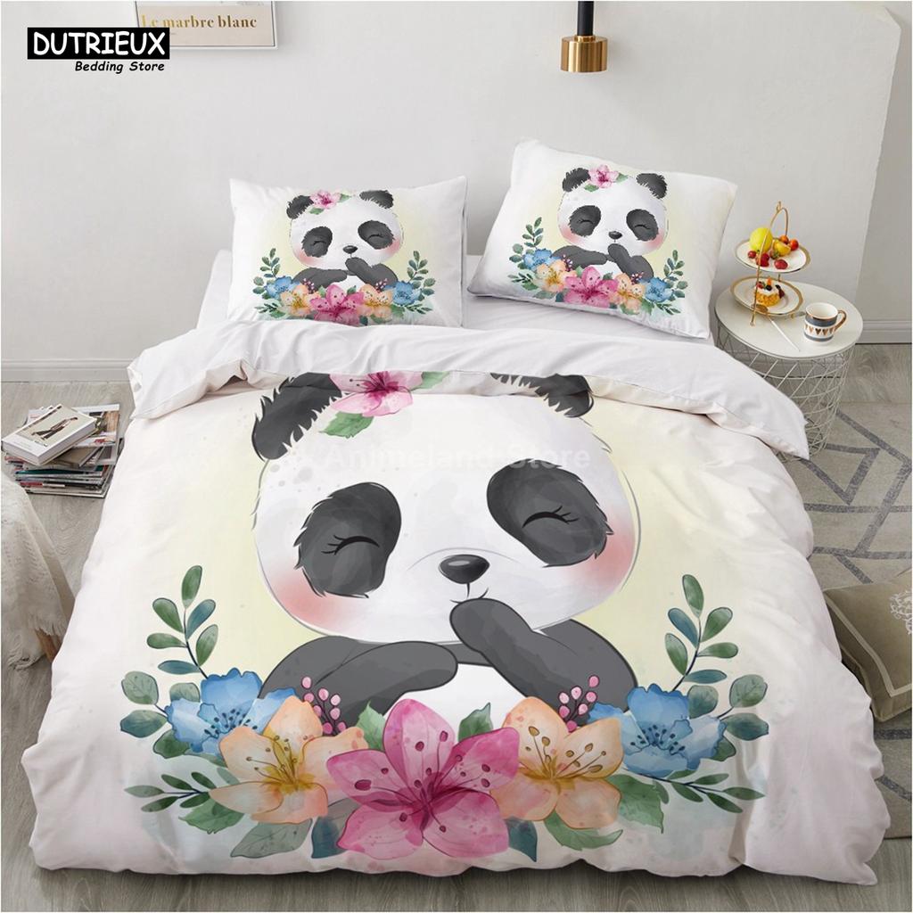 Cartoon Lovely Panda Bedding Set White Bed Linen 3D Print Gift For Girls 2/3pcs Twin Single Queen King Size Duvet Cover Set