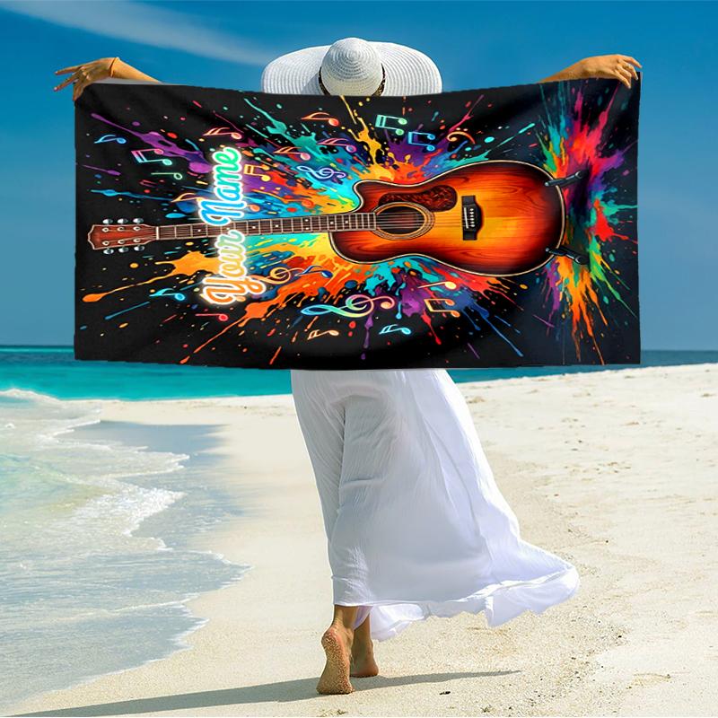 1PC Custom Name Guitar Artwork Beach Towel Highly Absorbent And Sand-Resistant Towel for Swimming, Pool, Yoga, And Travel Lightweight