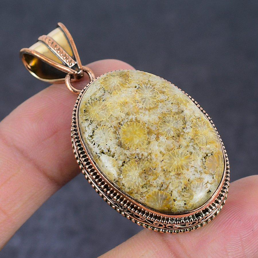 Natural Fossil Coral Gemstone Handmade Copper Jewelry Pendant 2.17" C6r25