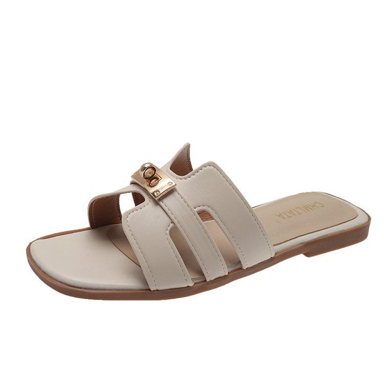 Spot Flat-bottomed Slippers Women's Outer Wear Summer 2025 New One-word Open-toe Lock Cool Slippers Women's Foreign Trade