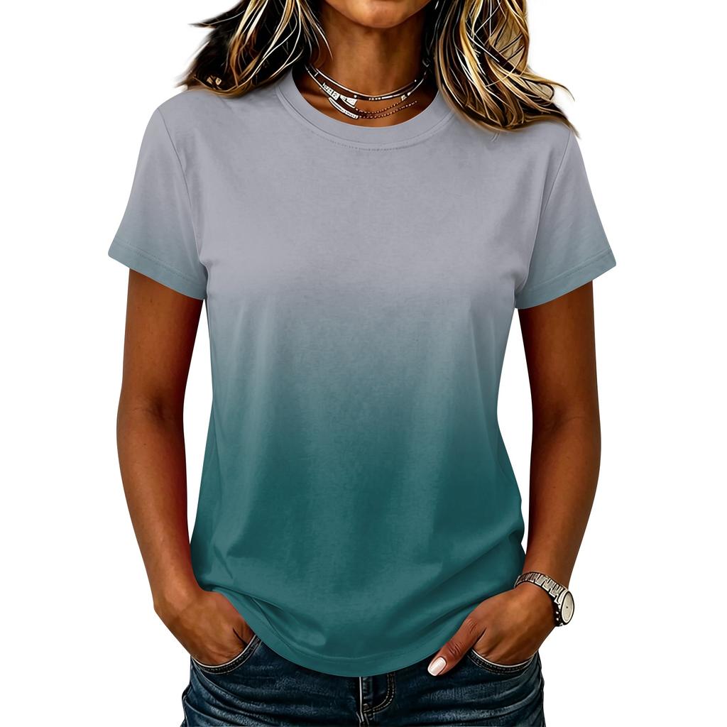 Women's Casual Pullover Short Sleeve T Shirt Gradient Color Crew Neck Top Lightweight Soft Fabric Summer Basic Tee