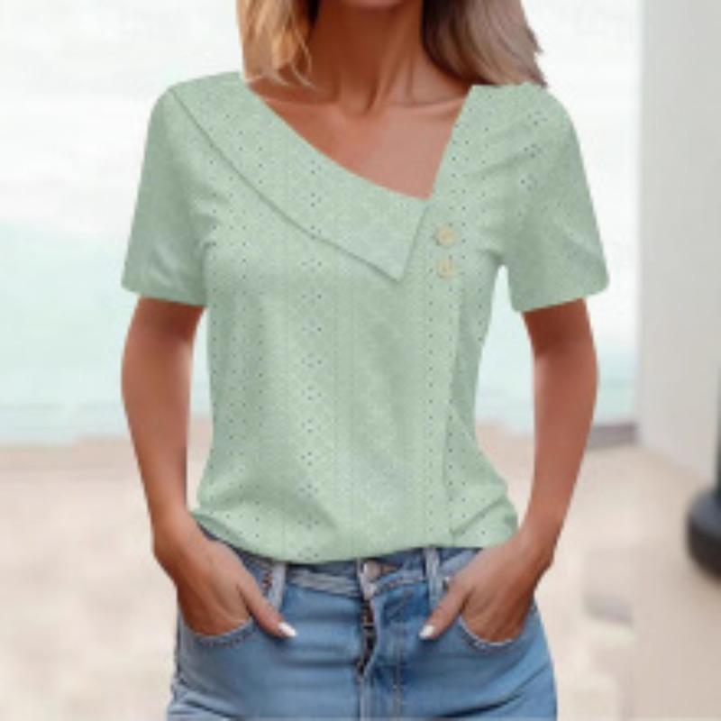 QICED Women's Fashion Casual Solid Color Print Short Sleeve Blouses & Shirts