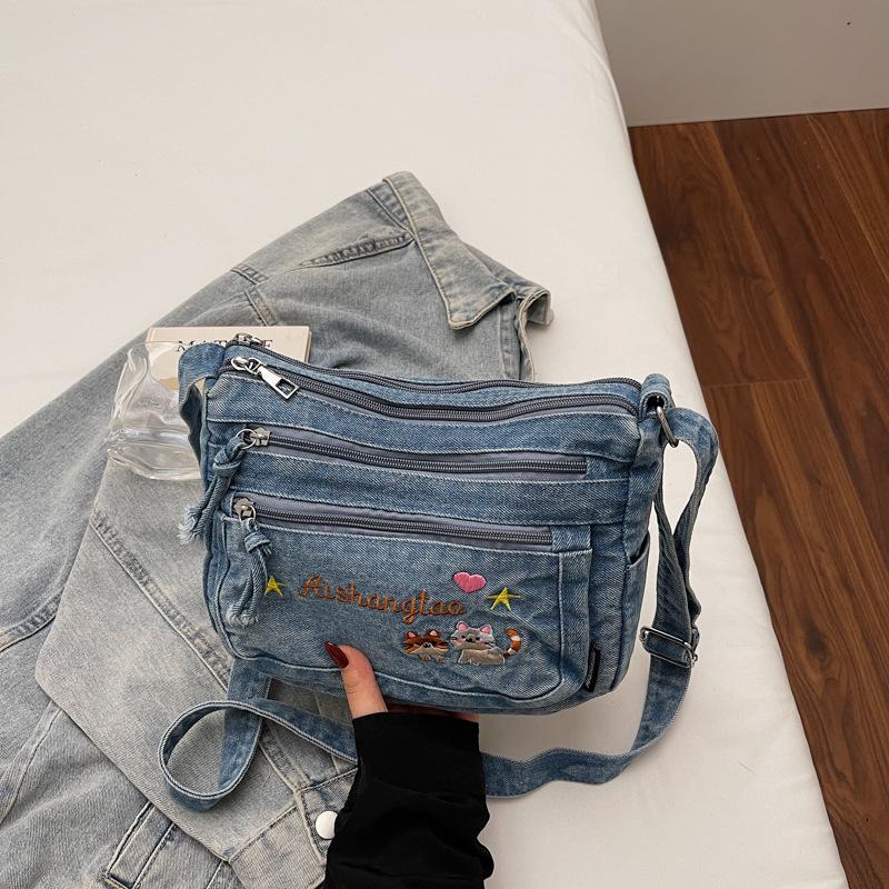 Korean version of cute letter embroidery washed denim bag 2025 new lazy wind light casual messenger bag women