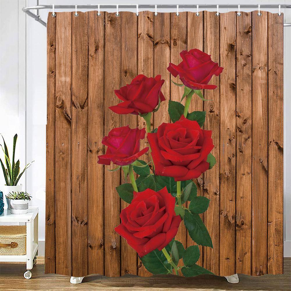 Red Rose Bath Curtain Waterproof Shower Curtains Polyester Flowers Romance Love Bath Screen Printed Curtain For Bathroom Decor