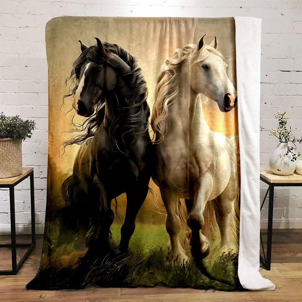 Black and White Horses Printed Blanket bedroom Blanket for Livingroom Couch lunch break Soft throw for Friend's festival Gift
