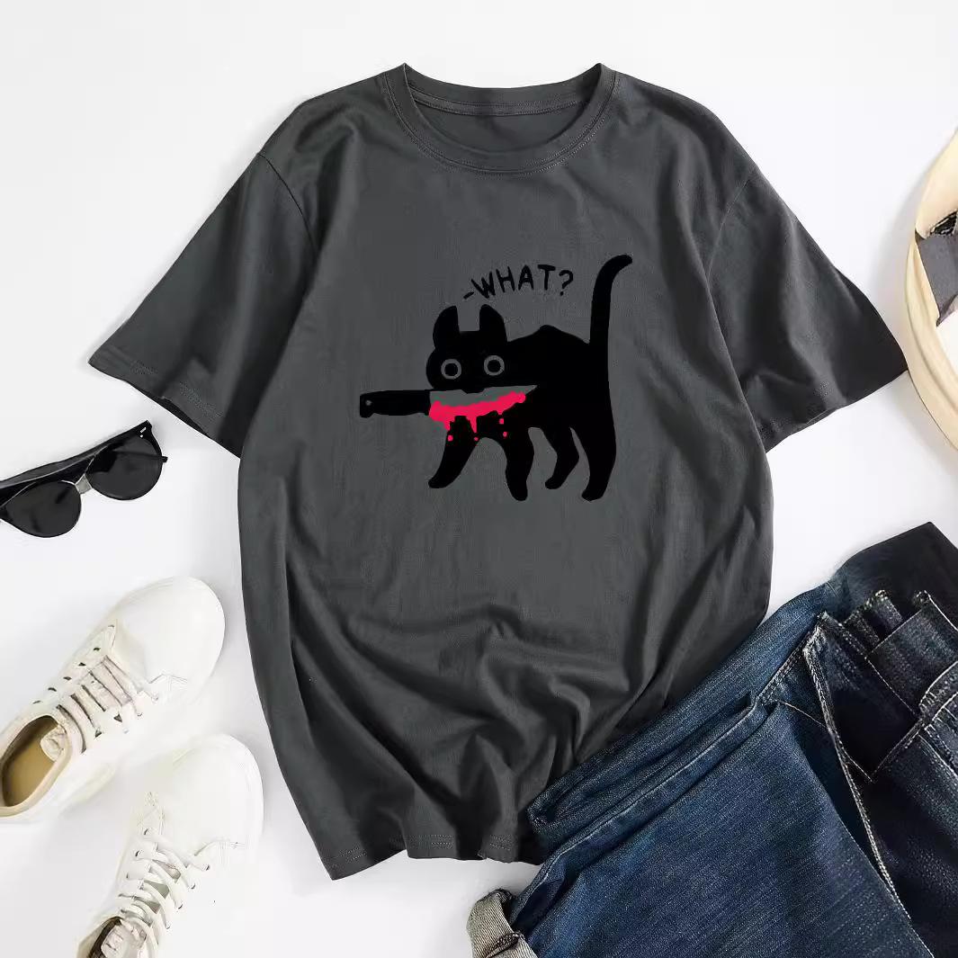 

Что Алфавит Кот Ест Нож Хлопковая Футболка Короткий Рукав Круглый Вырез Женская 2D Принт Топы 3XL темно-серого