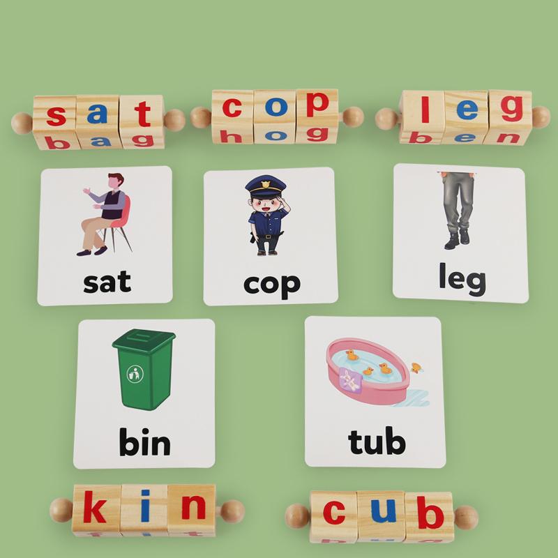 Wooden Word Spelling Game Alphabet Learning Toys for Preschool Boys and Girls Letters Reading Building Blocks Game with 24 Cards