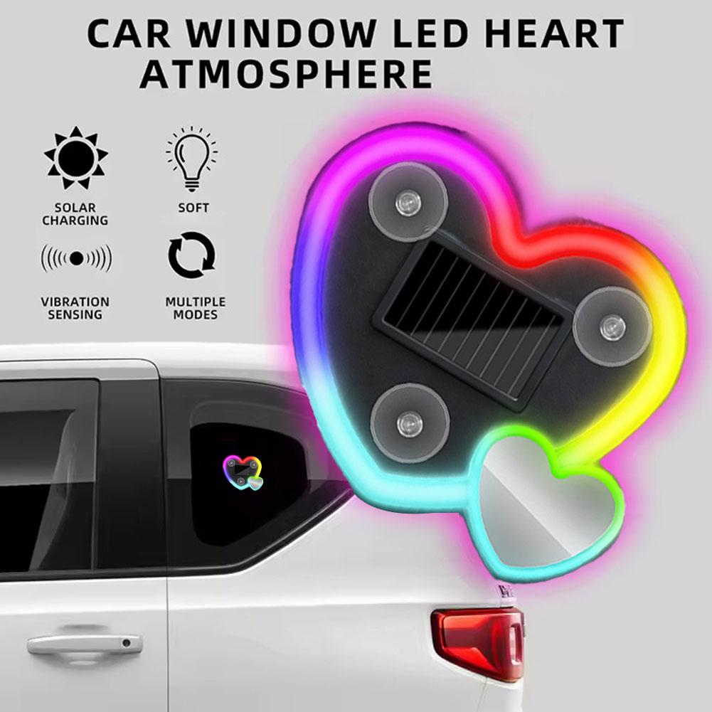 Süßes herzförmiges LED-Umgebungslicht, solarbetrieben, Auto-Neonlicht, kabellos, Saugnapf, USB-wiederaufladbar, Atmosphärische Atemtiefenlampe