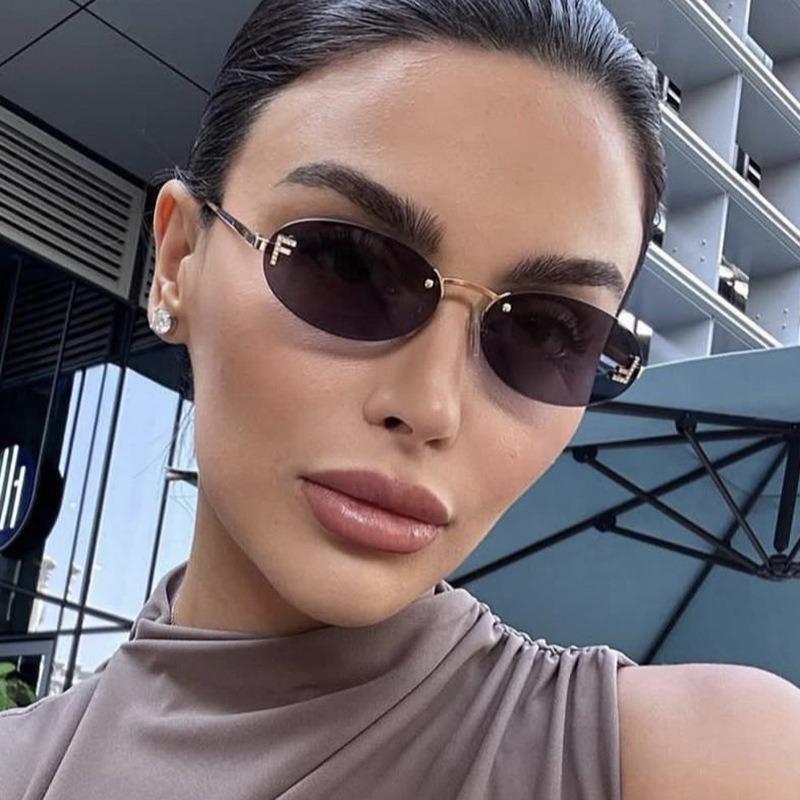 Letter F Frameless Trim Sunglasses Oval Retro Small FrameTrendy Holiday Travelling Sunglasses Women Fashion Metal Sunglasses