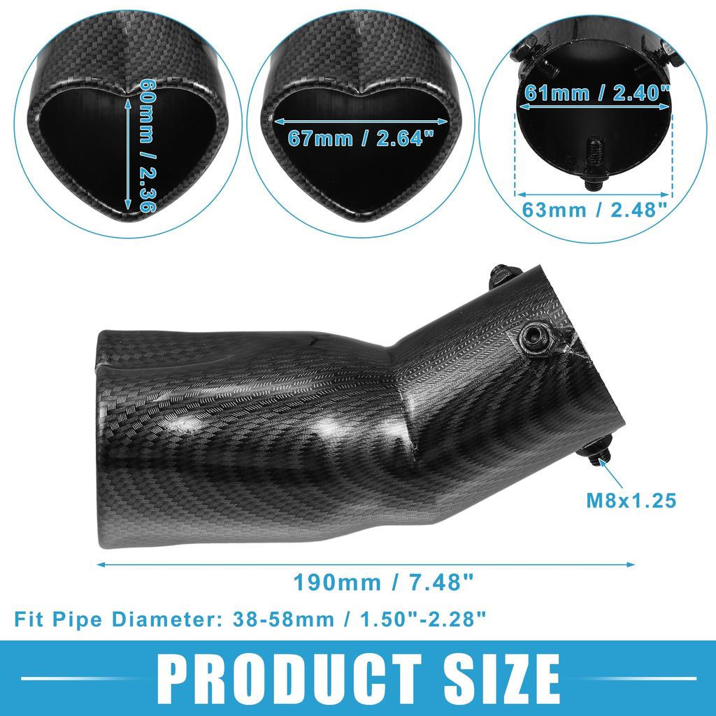 ABSOPRO Car Exhaust Curved Muffler Metal Carbon Fiber Black Pipe, Heart-Shaped Tailpipe, 2.48" OD, 2.64x2.36" Exit, 7.48" Long, Bolt-On Tip, Pattern,