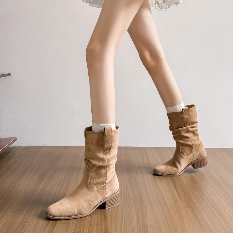Blue Cabinet Version! Western Pleated Short Boots Women's Pile Boots Retro British Style Small Man Inner Height Increase Medium Tube Martin Boots