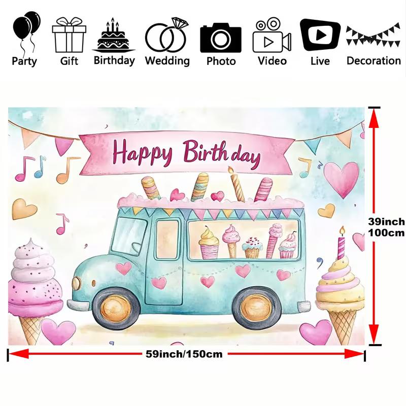 Pastel Blue Ice Cream Van Tapestry for Birthday Celebration