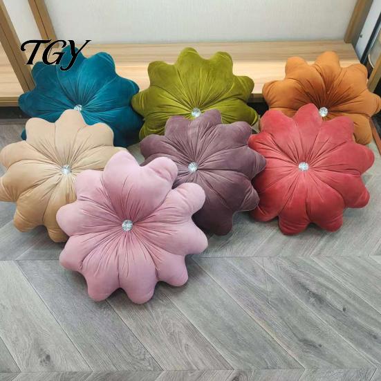 Decorative Throw Pillows for Girls Room Flower Pillow, 18 Inch Floral Cushion, Velvet Round Soft Sofa Pillow with Rhinestone Accent Couch Bed