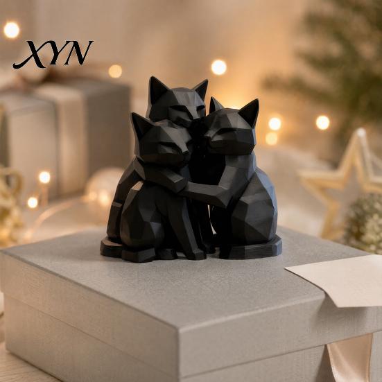 Animal Shape Sculpture 3D Printed Black Cat Figurine, Three Hugging Geometric Statue, Modern Statue for Home Office Bookshelf