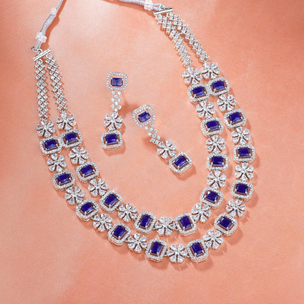 Amazing Estele Double Layered Necklace Set with Rhodium Plated CZ and Blue Stones for Women
