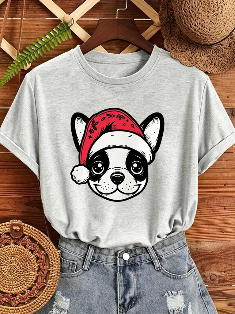 Frenchie Christmas Print Women's T-Shirts Retro Dog Santa Hat Design T-Shirts Tee Tops short sleeve Tshirts Tops Christmas Gifts