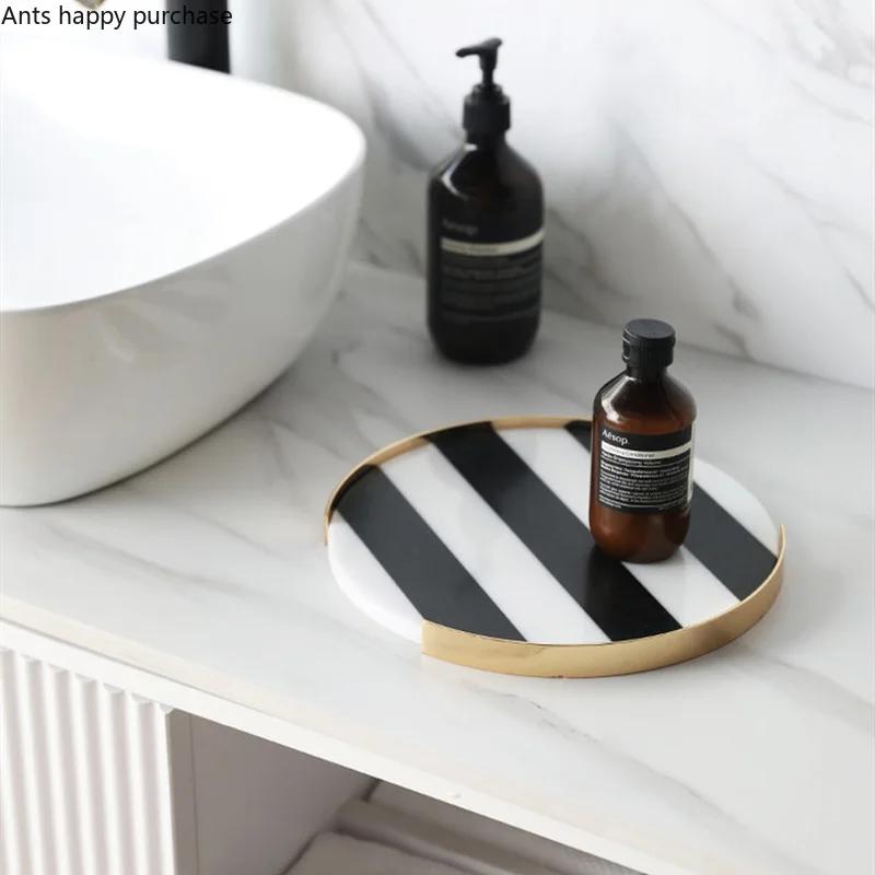Natural Marble Tray Iron Round Storage Tray Home Decorative Plate Jewelry Trays Cake Pan Dessert Plate Cake Stand Display Trays