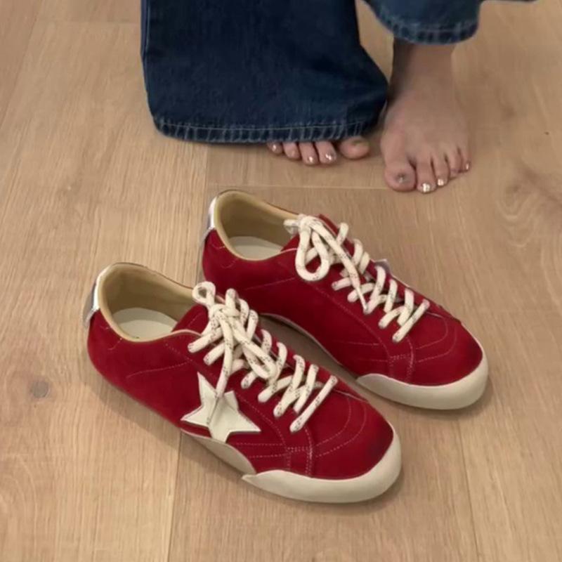 Cowhide Version~ Retro Color Polishing and Old Star Board Shoes, Small Dirty Shoes, Flat-soled German Training Shoes, Women's Round Head Casual S