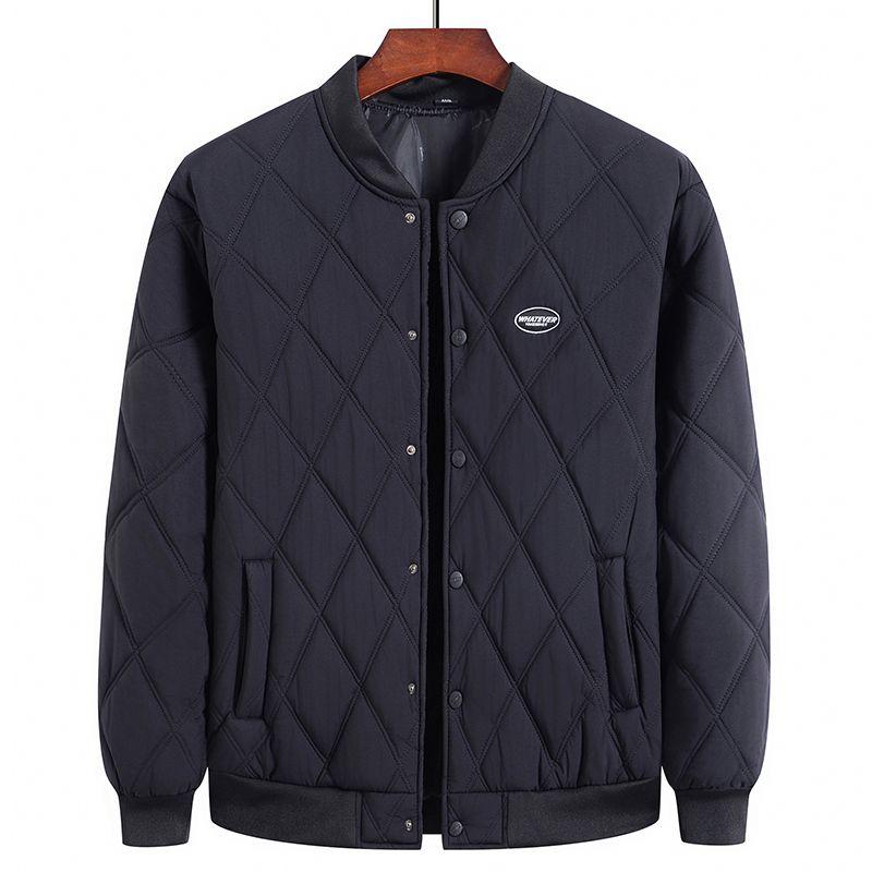 Men's Black Diamond Quilted Baseball Collar Button Up Light Padded Bomber Jacket