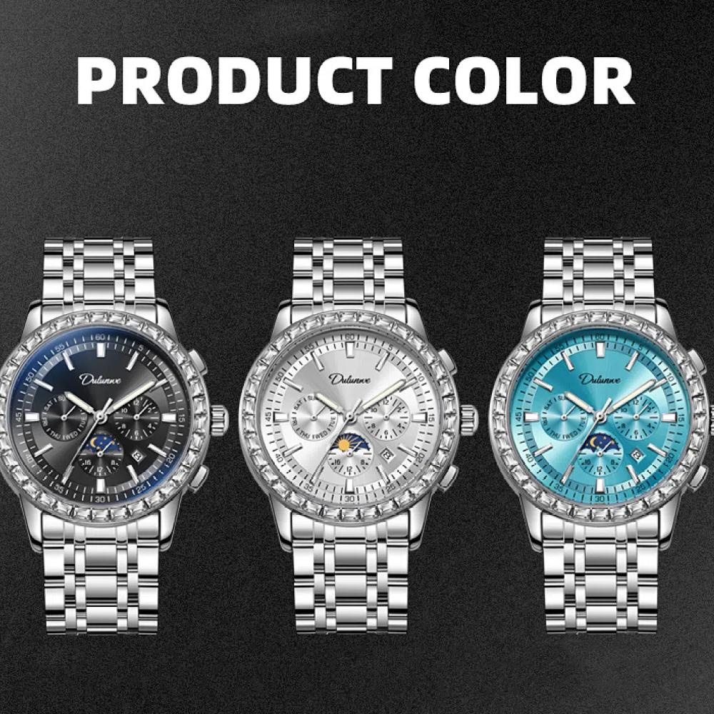 Dulunwe Luxus-Armbanduhr mit Mondphase, leuchtende Wochenkalenderanzeige, Uhren für Herren, modische Edelstein-Automatik-mechanische Uhr