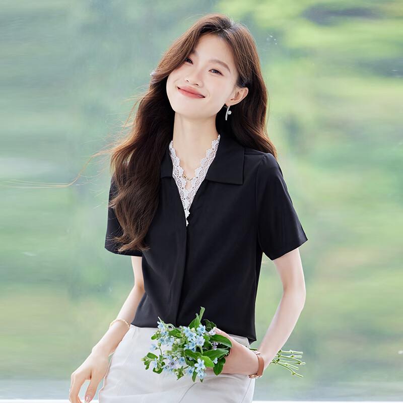 Women s Short Sleeve V-Neck Lace Trim Chiffon Blouse L