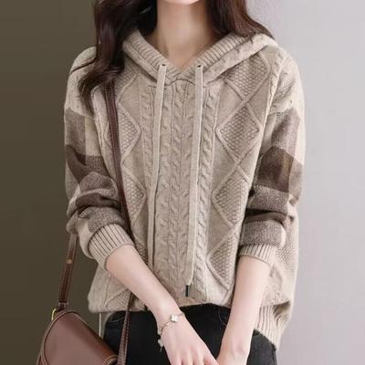 Suéter de Tricô Feminino Outono Inverno Estilo Preguiçoso Casual com Capuz Solto Manga Longa Top Camisa Base